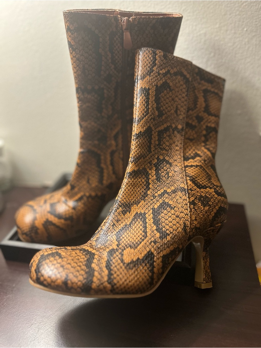 Mata Shoes Tan & Black Snake-Print Mid-Calf Heeled Boots